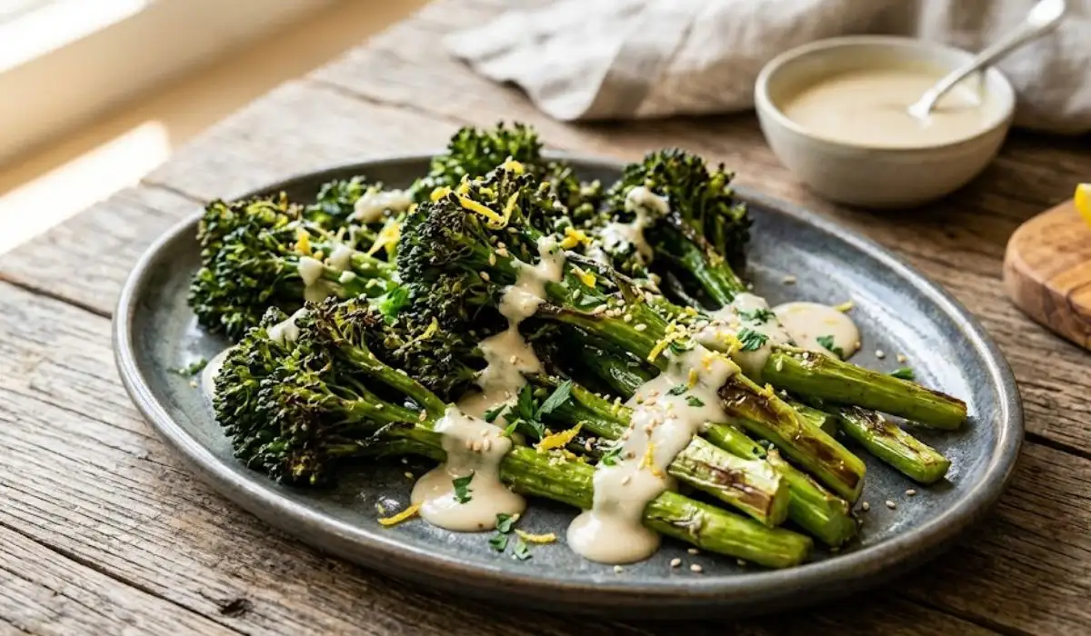 Crispy Roasted Broccolini with Lemon-Garlic Tahini Drizzle